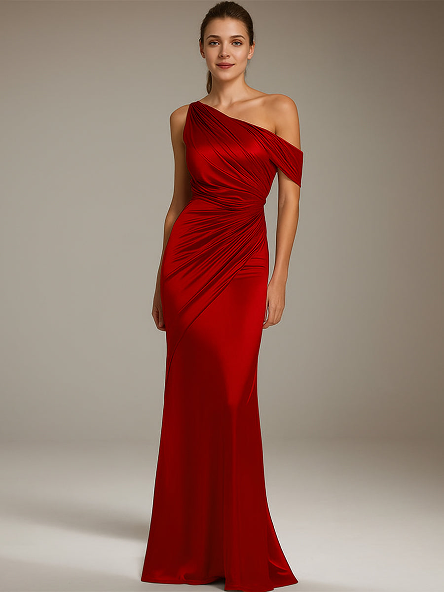 Formal Party Satin Dress Silver One-Shoulder Pleated Floor-Length Dress
