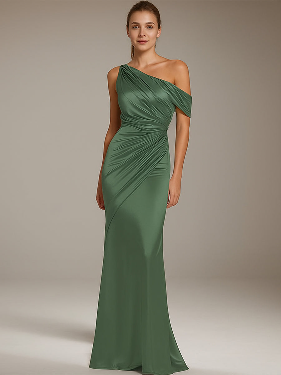Formal Party Satin Dress Silver One-Shoulder Pleated Floor-Length Dress