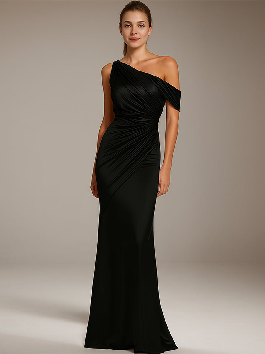 Formal Party Satin Dress Silver One-Shoulder Pleated Floor-Length Dress