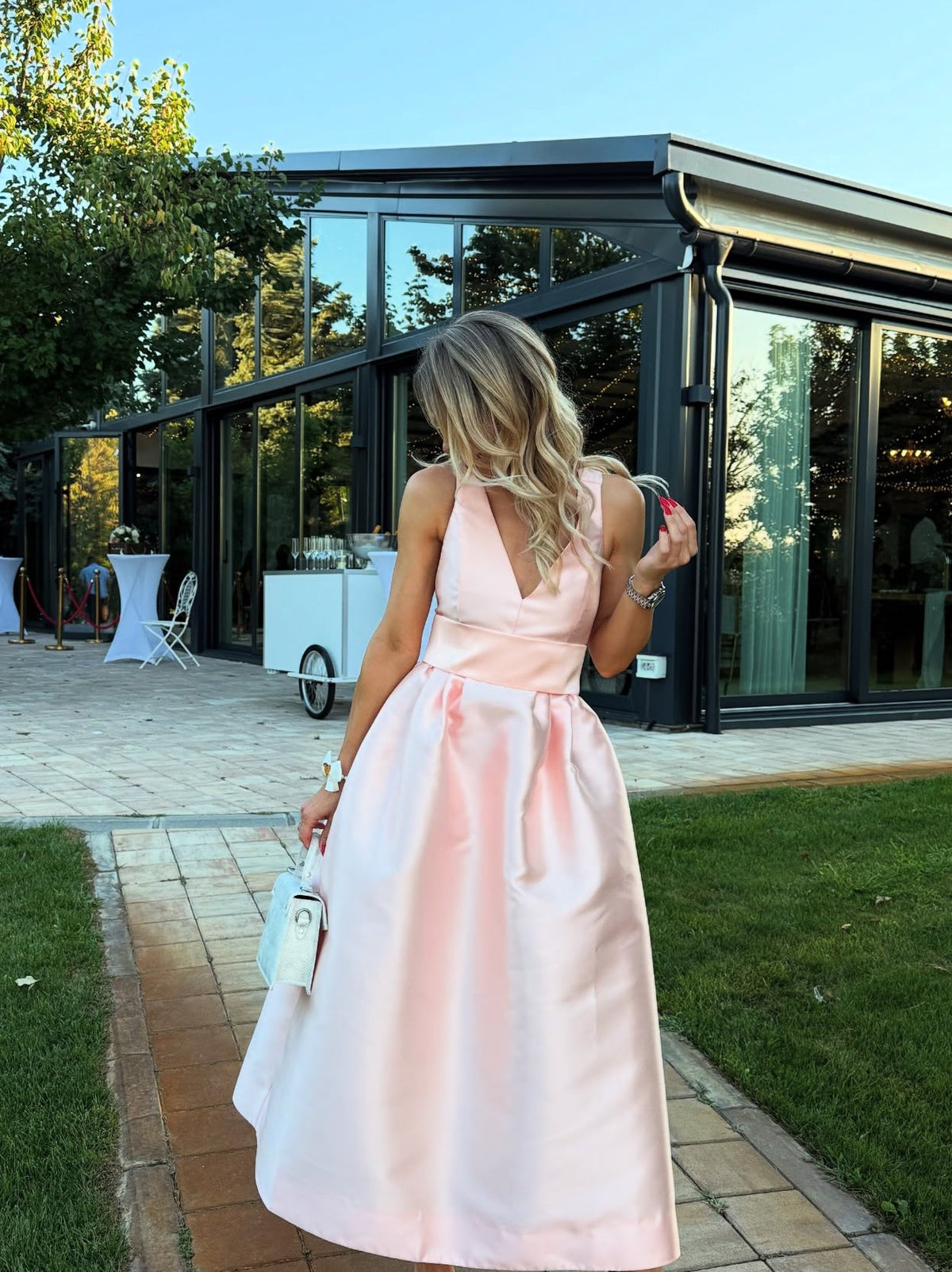V-Neck Pink A-Line Satin Prom Dress Wedding Guest Dress