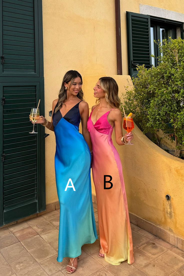 Unique Blue Satin V-Neck Long Prom Dress Party Dress - FashionDia
