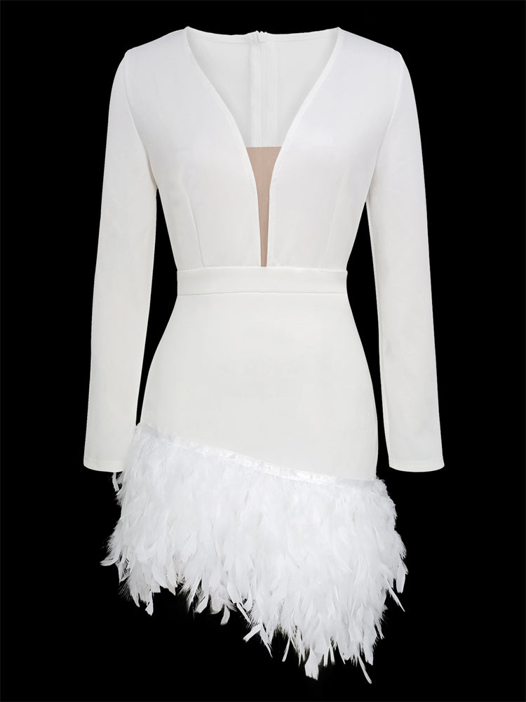 TARUXY Deep V Neck Mini Dress For Women Feathers Patchwork Sexy Bodycon Dresses Ladies Slim Solid Party Prom Dress Woman 2023 - View 5 | VelvetHem