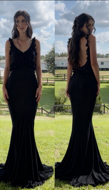 Classy V-Neck Black Satin Chiffon Ruffle Mermaid Prom Dress Birthday Party Dress - View 2 | FashionDia