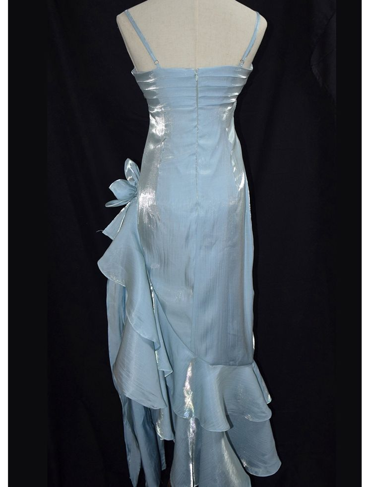 Charming Baby Blue Vintage Floral Dress Asymmetrical Hem Prom Dress Party Gown - View 3 | FashionDia