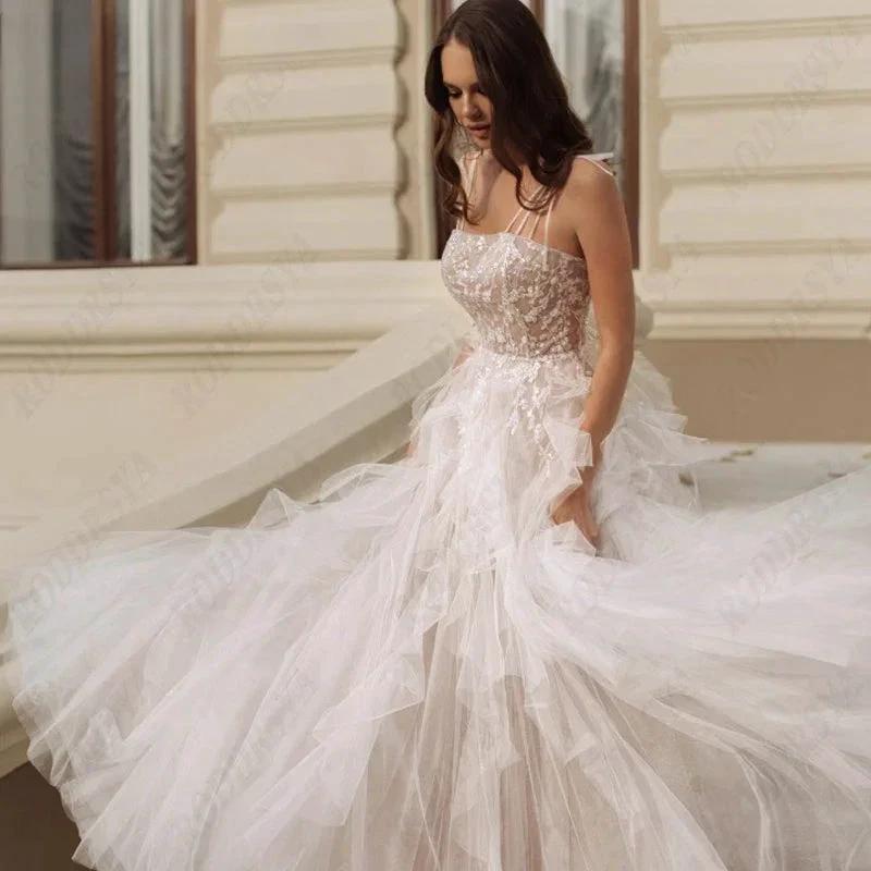 Elegant Spaghetti Straps Wedding Dress Sexy Lace Up Backless Robe Romantic Square Collar Tulle Bridal Gowns (ZD13560)