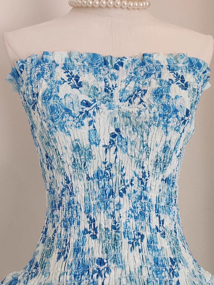 Cute A-Line Strapless Sleeveless Blue Floral Party Dress Short Birthday Outfits - View 4 | FashionDia