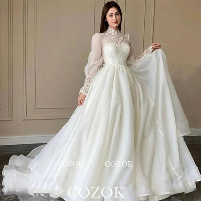 Organza A Line Appliques Lace Wedding Dress Puff Long Sleeves High Neck Bridal Gowns Robe De Mariage Custom (ZD13469)