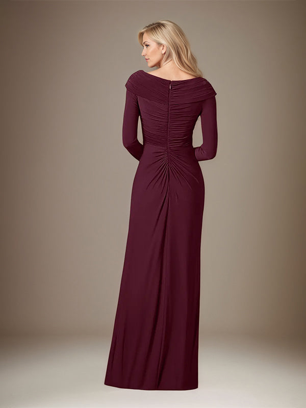Cabernet Satin Asymmetrical Neck Long Sleeves Floor Length Dress With 3D Flower
