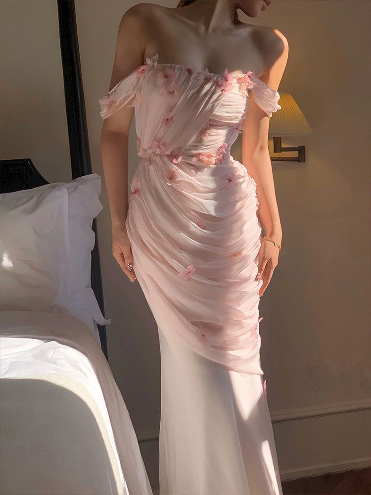 Pink Chiffon Long Prom Dress With 3d Butterfly Off-the-Shoulder Sweet Evening Gown