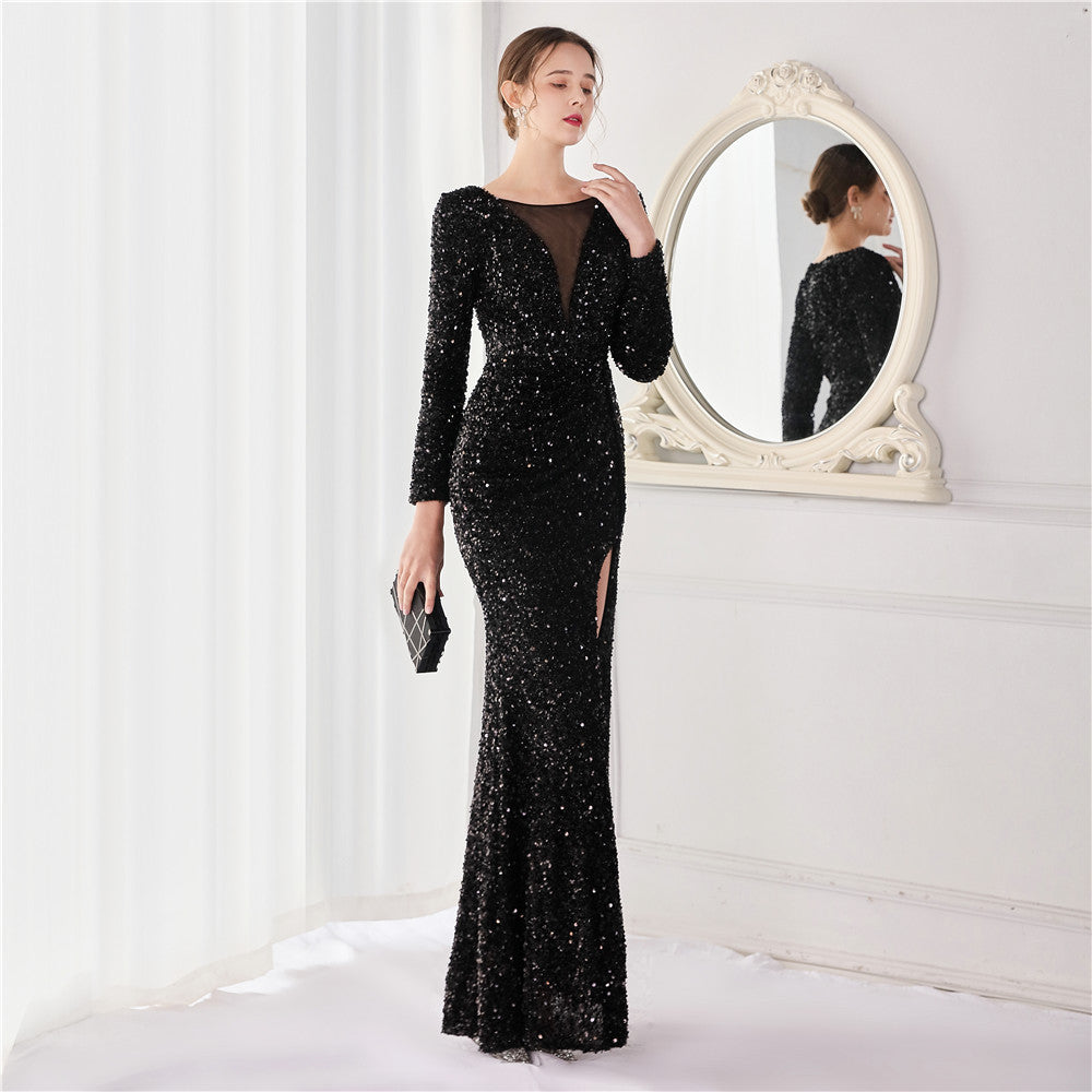 Cocktail Elegant Long Sleeve Sequined Fishtail Evening Dress - View 8 | VelvetHem