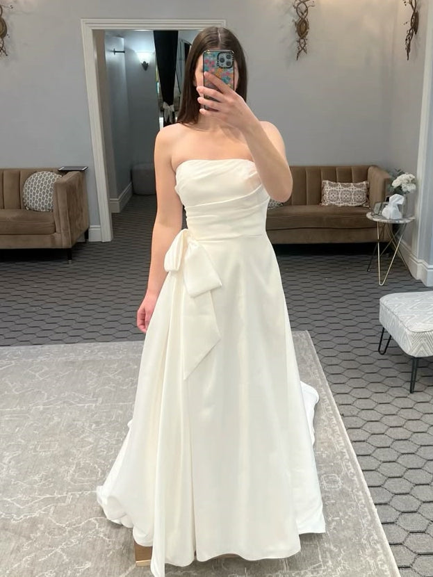 Strapless Pleated Satin A-Line Wedding Dress with Side Bow