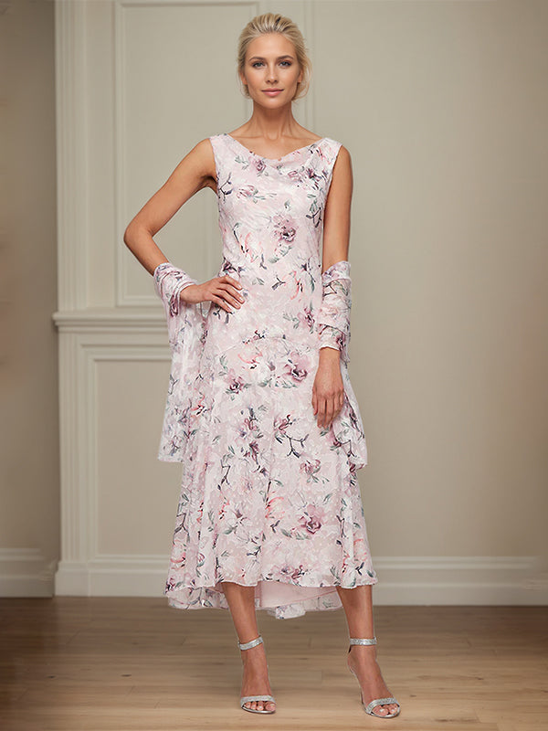 A-Line V-Neck V-Back Tea-Length Chiffon Mother of the Bride Dress