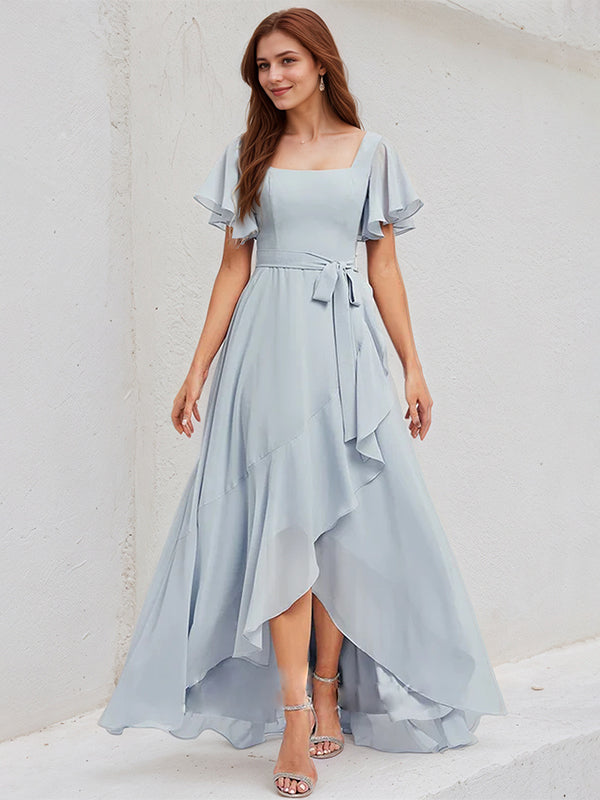Ice Blue Chiffon A Line Square Neck Short Sleeves Asymmetrical Bridesmaid Dress
