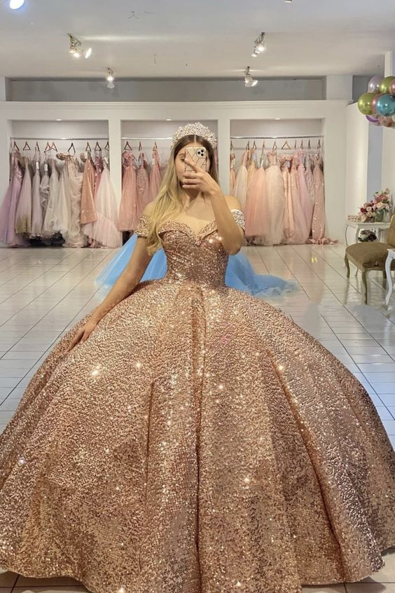 Rose Gold Sequin Quinceanera Dress Off The Shoulder Ball Gown