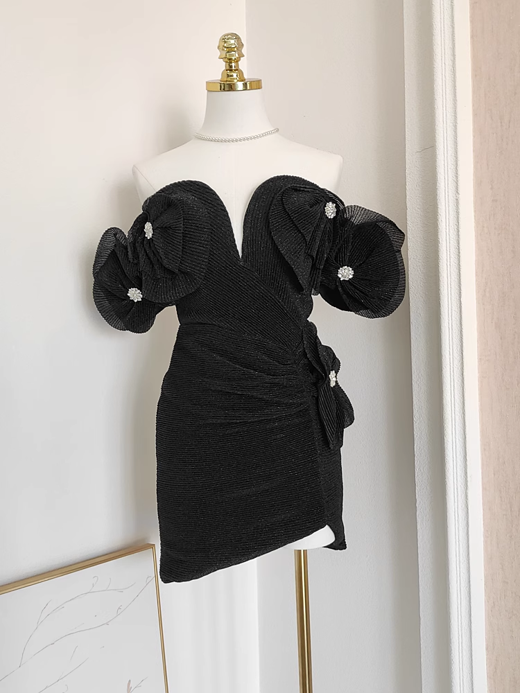 Cute A line Off The Shoulder Black Party Dress Short Birthday Dresses With BEads