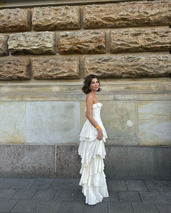 Elegant Ivory Strapless Satin Layered Prom Dress,Formal Wedding Evening Dress