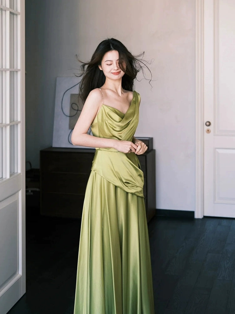 A Line Green Satin Long Prom Dress Simple Bridesmaid Dresses J8622