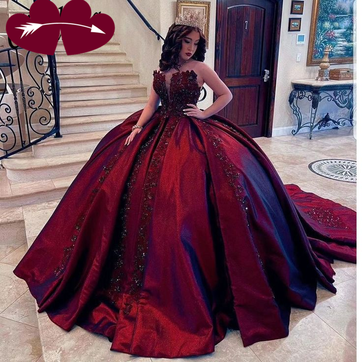 Gorgeous Burgundy Satin Appliques Beaded Quinceanera Dress Vintage Ball Gown - FashionDia