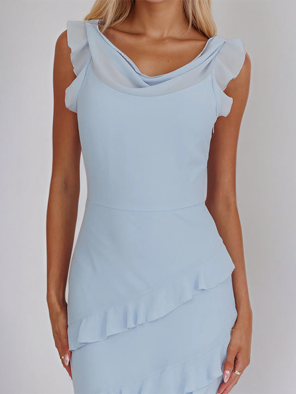 Blue Chiffon Sheath/Column Cowl Neck Sleeveless Floor Length Bridesmaid Dresses