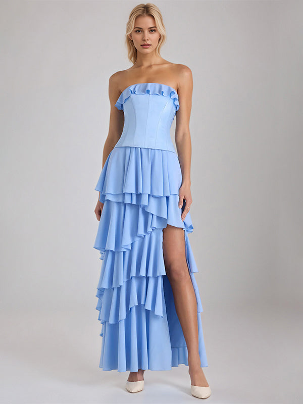 Sky Blue Chiffon A-Line Off-the-Shoulder Sleeveless Floor-Length Bridesmaid Dresses With Ruffles - FashionDia