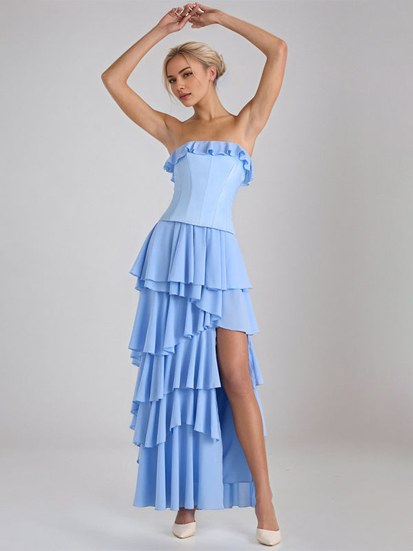 Sky Blue Chiffon A-Line Off-the-Shoulder Sleeveless Floor-Length Bridesmaid Dresses With Ruffles - View 3 | FashionDia
