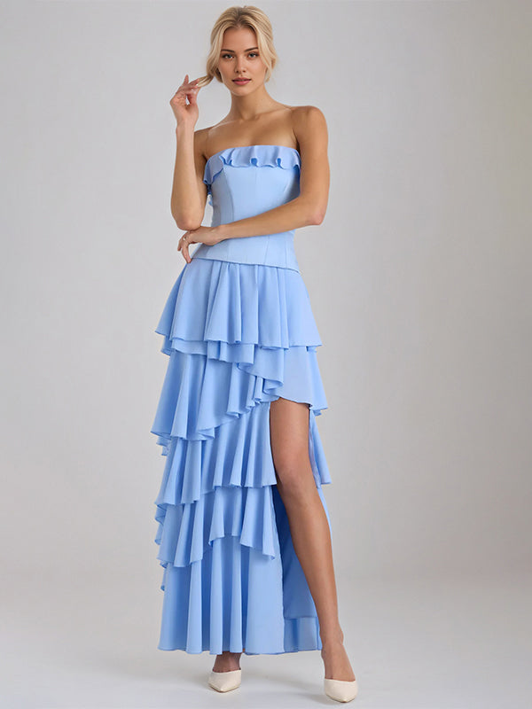 Sky Blue Chiffon A-Line Off-the-Shoulder Sleeveless Floor-Length Bridesmaid Dresses With Ruffles - View 4 | FashionDia