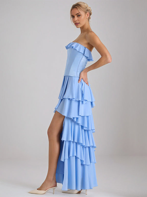 Sky Blue Chiffon A-Line Off-the-Shoulder Sleeveless Floor-Length Bridesmaid Dresses With Ruffles - View 5 | FashionDia