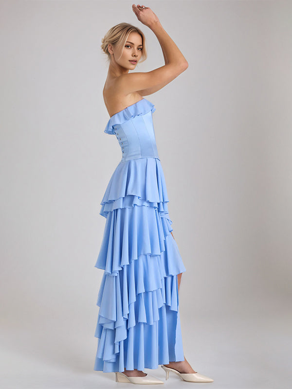 Sky Blue Chiffon A-Line Off-the-Shoulder Sleeveless Floor-Length Bridesmaid Dresses With Ruffles - View 6 | FashionDia