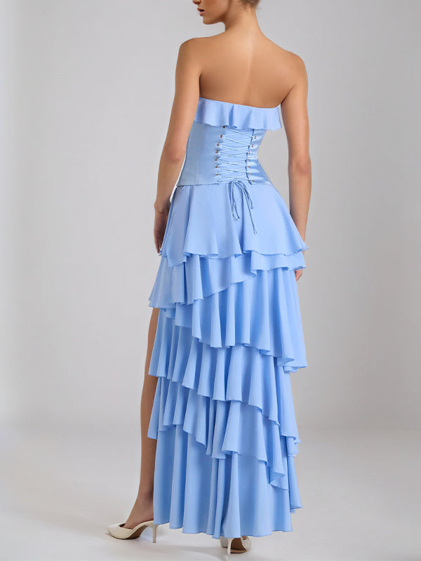 Sky Blue Chiffon A-Line Off-the-Shoulder Sleeveless Floor-Length Bridesmaid Dresses With Ruffles - View 2 | FashionDia