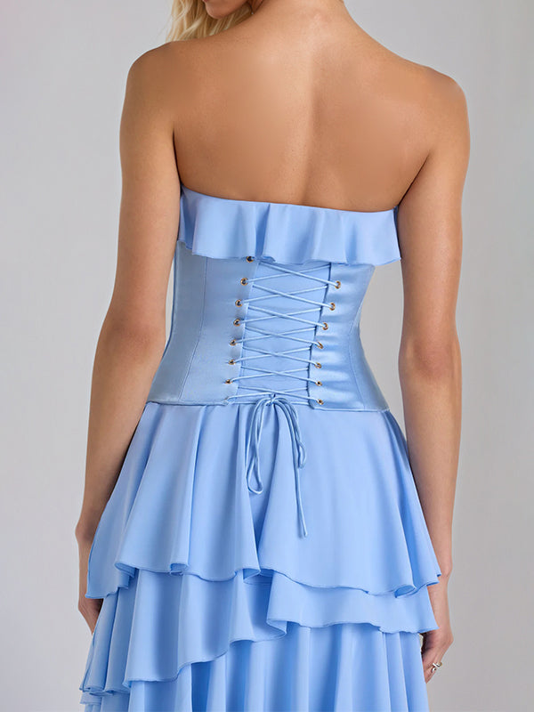 Sky Blue Chiffon A-Line Off-the-Shoulder Sleeveless Floor-Length Bridesmaid Dresses With Ruffles - View 7 | FashionDia