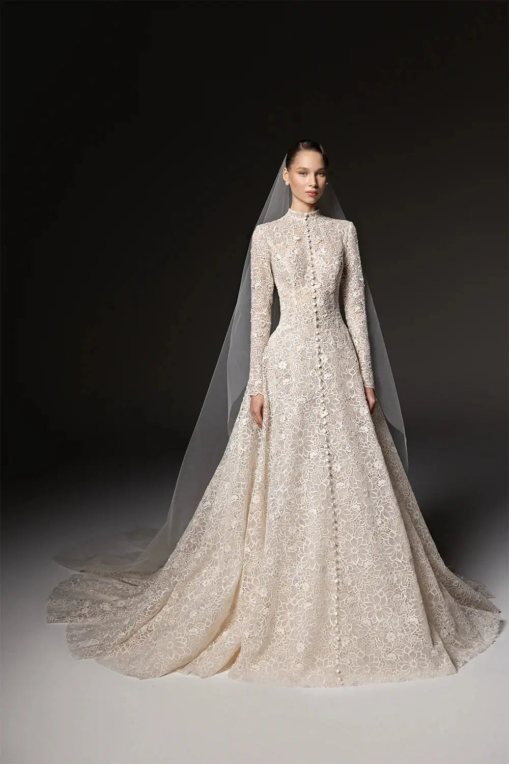 Luxury Champagne High Neck Long Sleeve Lace A-Line Wedding Dress with Buttons ZP079