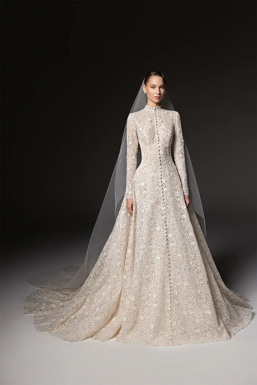 Luxury Champagne High Neck Long Sleeve Lace A-Line Wedding Dress with Buttons ZP079