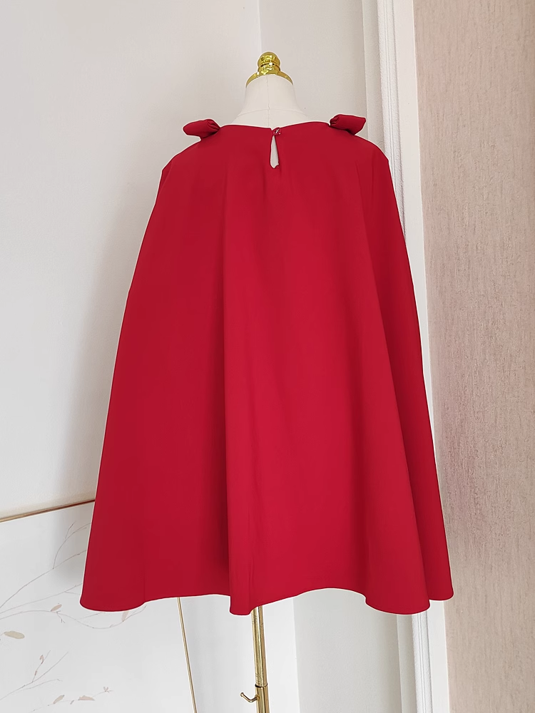 Cute A-Line Boat Neckline Red Satin Short Homecoming Dresses Birthday Outfits With Cape - View 2 | FashionDia