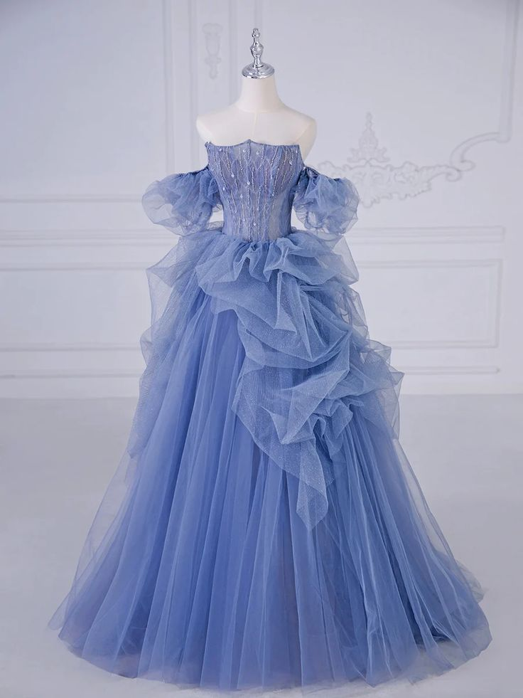 Elegant Blue Tulle Beaded Evening Dress Long Prom Dress