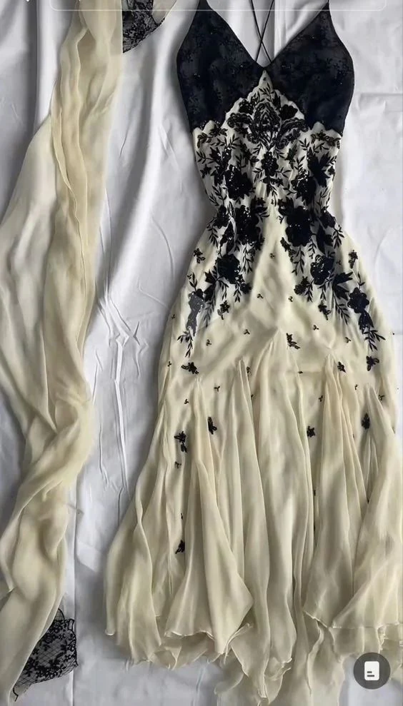 Champagne Spaghetti Straps Chiffon Lace Prom Dress, Long Evening Dress - FashionDia
