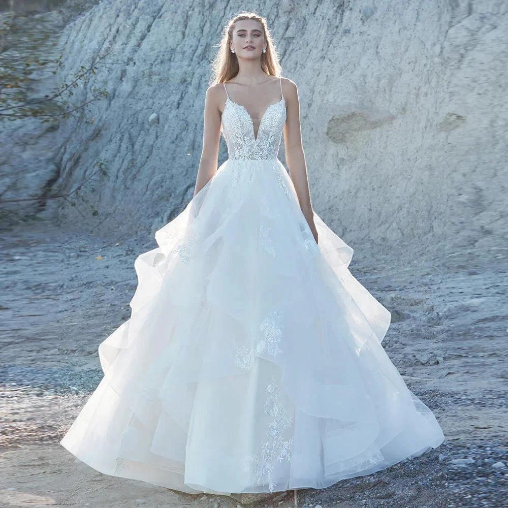 Delicate Ruffled Spaghetti Straps Wedding Dresses V-neck Appliques A-line Wedding Gowns Abito Da Sposa Customer Made by payinti