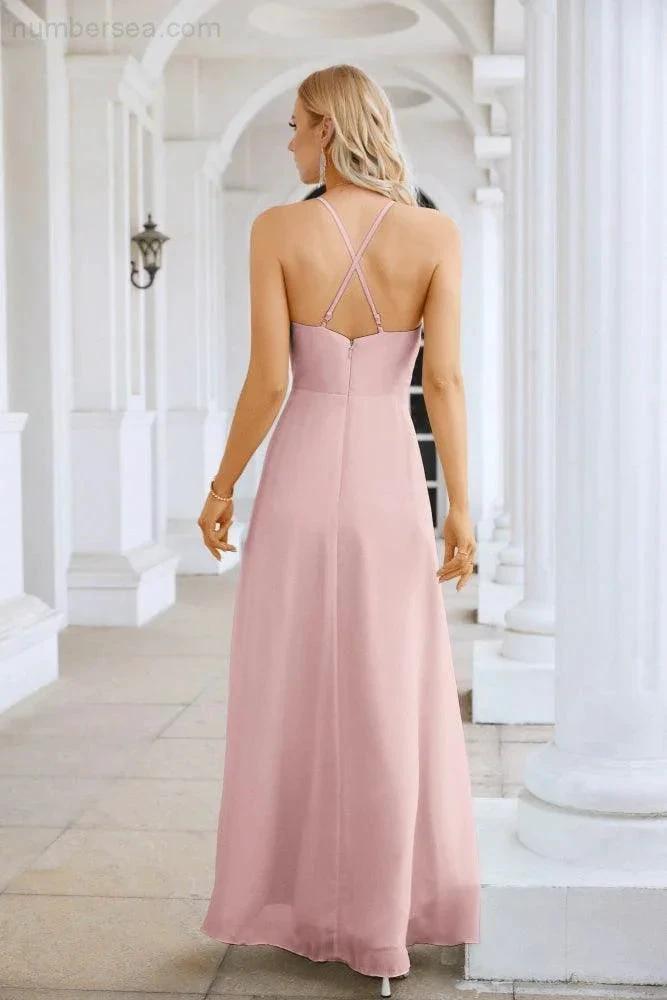 Ladies Chiffon Spaghetti Strap V Neck Front Slit Floor Length Bridesmaid Evening Dress Prom Party Wedding Evening Dress 28116 (ZD17012)