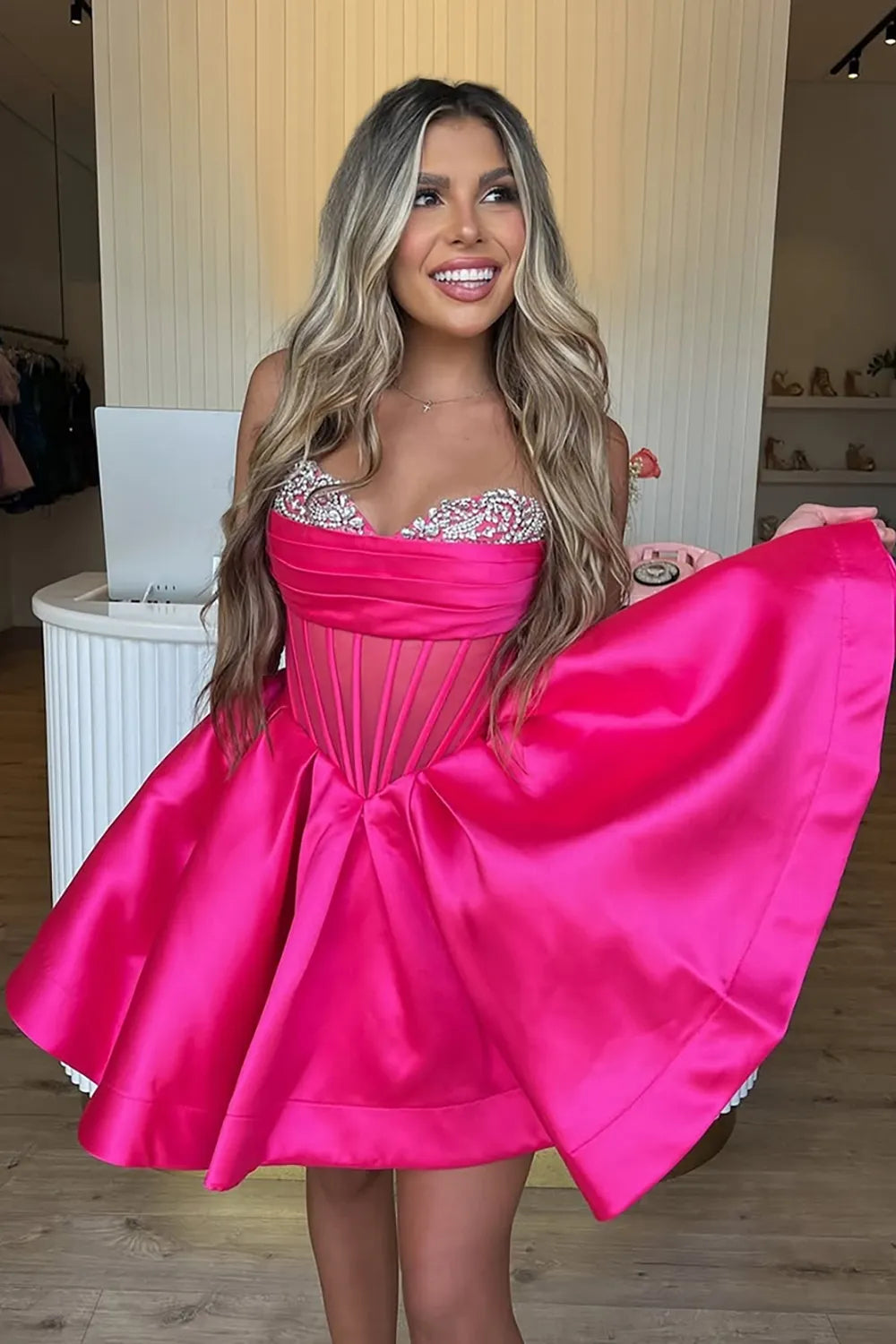 Princess A Line Sweetheart Fuchsia Corset Homecoming Dress with Beading