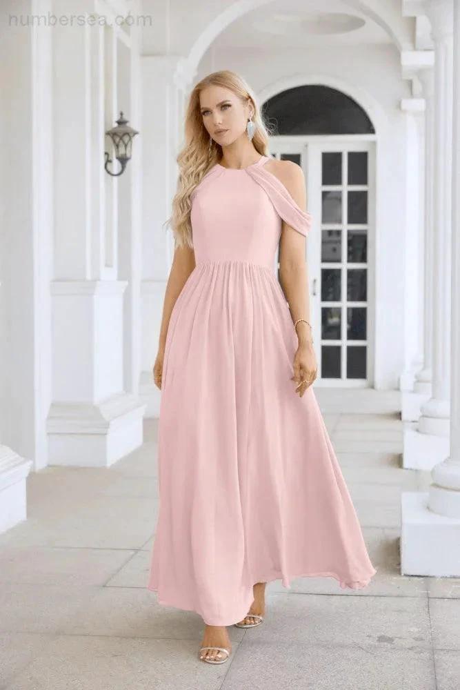 Ladies Chiffon Off Shoulder Swing Sleeve Front Slit Bridesmaid Evening Dress Wedding Party Evening Dress 28117 (ZD17011)
