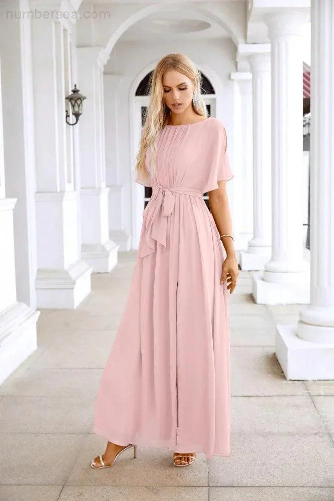 Ladies Chiffon Sleeve Crew Neck Front Slit Floor Length Bridesmaid Evening Dress Wedding Party Evening Dress 28124 (ZD17007)