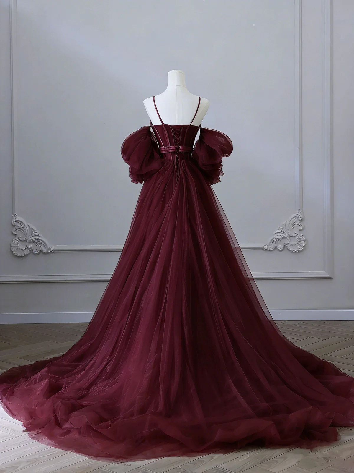 Wine Red Satin and Tulle Vintage Style Prom Dress, Sweetheart Long Party Dress - View 2 | FashionDia
