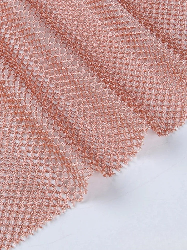 Round Splicing Neck Furry Hollow Mesh Glitter Arm Women's See-through Long Dress