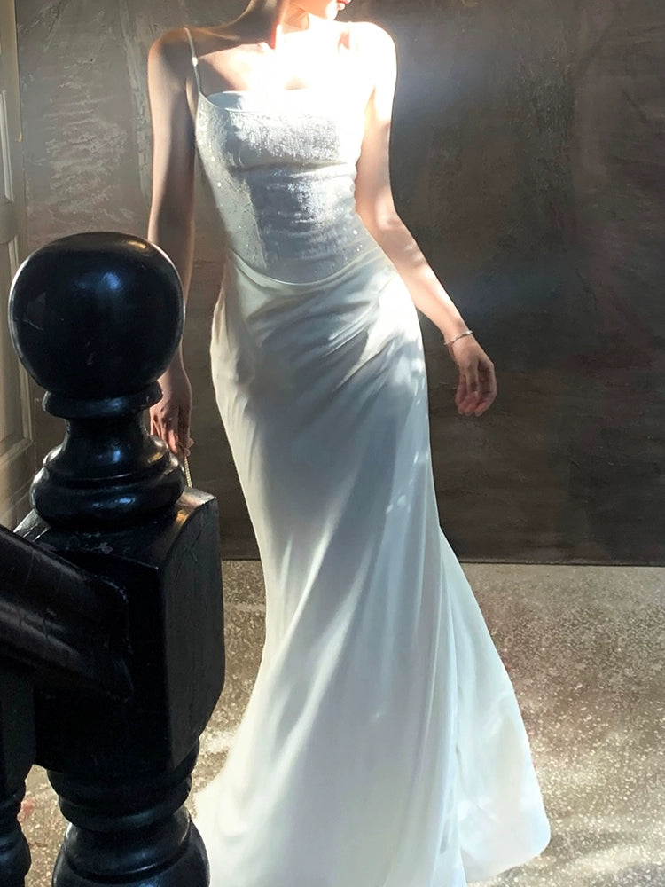 White Sheath Long Prom Dress Sequin Spaghetti Straps Evening Dress