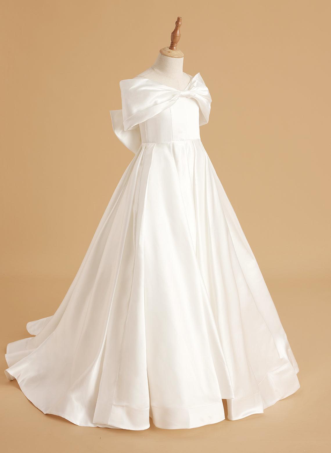 Elegant Ivory Satin Princess Ball Gown with Sweep Train and Bow for Flower Girls - View 8 | VelvetHem