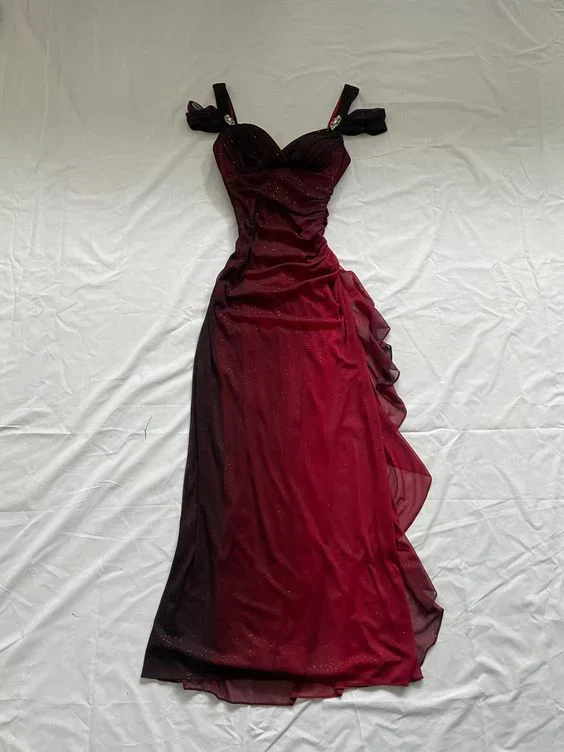 Charming Ombre Red Chiffon A-Line Prom Dress Off-the-Shoulder Evening Dress - FashionDia