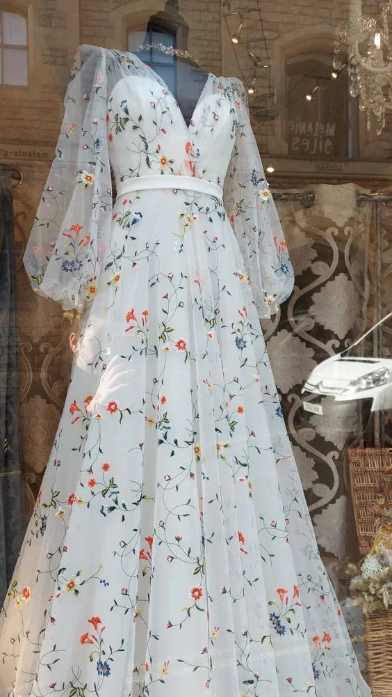 French Elegant Floral Chiffon Long Sleeve Bridal Dress ,V Neck Wedding Dress Y2065 by simplepromdress