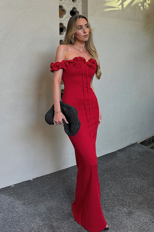 Ruffle Trim Bardot Party Dress - View 3 | VelvetHem
