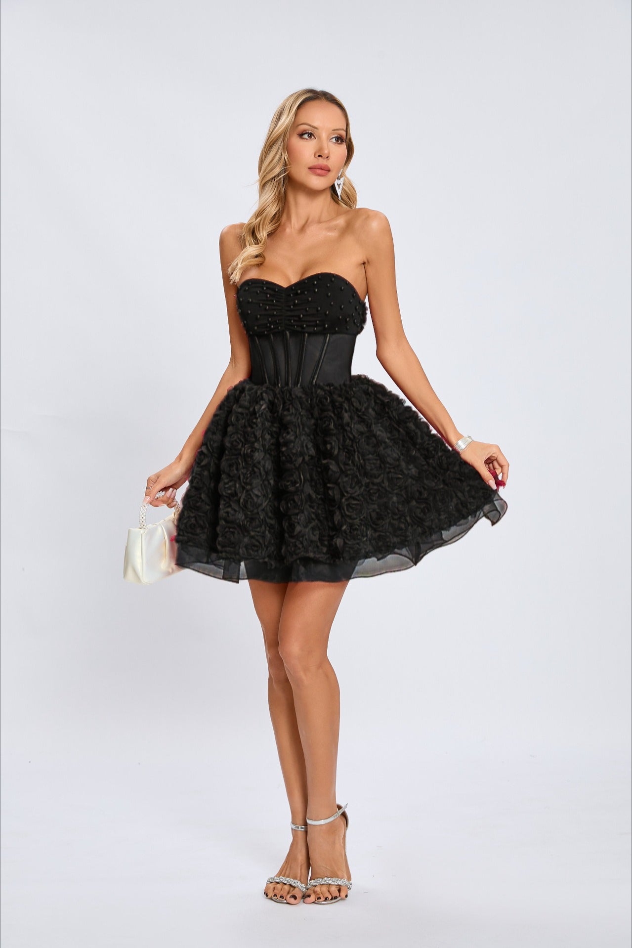 Beaded Strapless Puff Dress with Relaxed Fit and Seasonal Wardrobe Essential