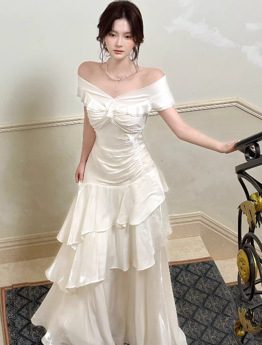Off The Shoulder Ivory Long Prom Dress Layered Evening Dress J8606