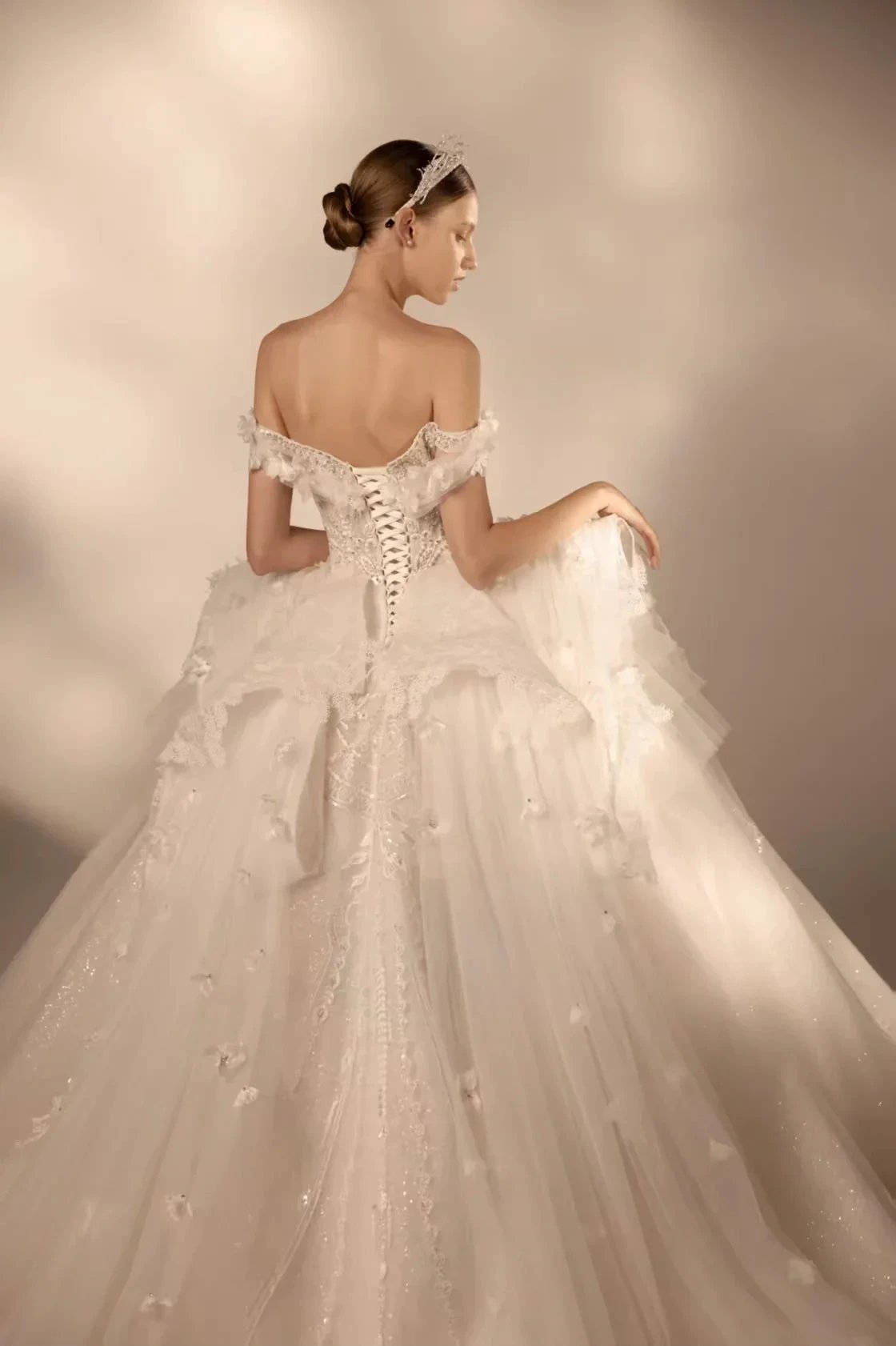 Gorgeous Long Ball Gown Off-the-Shoulder Tulle Wedding Dress with 3D Floral & Crystal Embroidery & Cathedral Train (ZD16910) - View 3 | VelvetHem